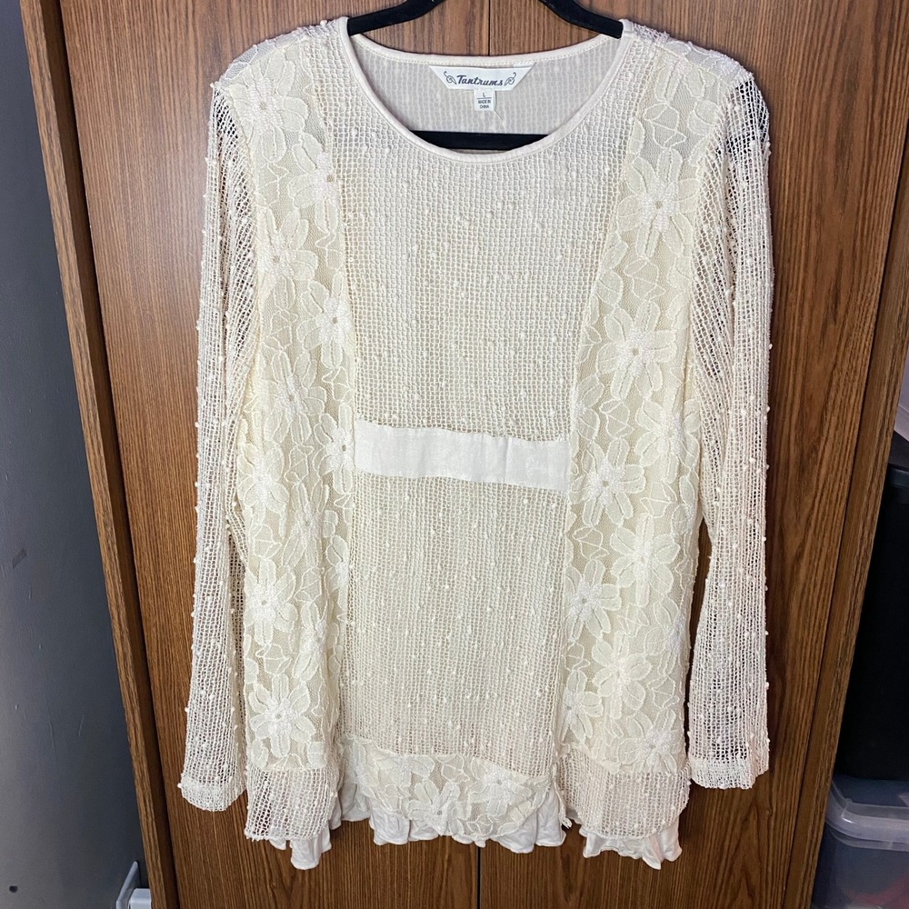 Tantrums Lace Mesh Tunic Women Large Cream Floral Ruffle Boho Long Sleeve Top